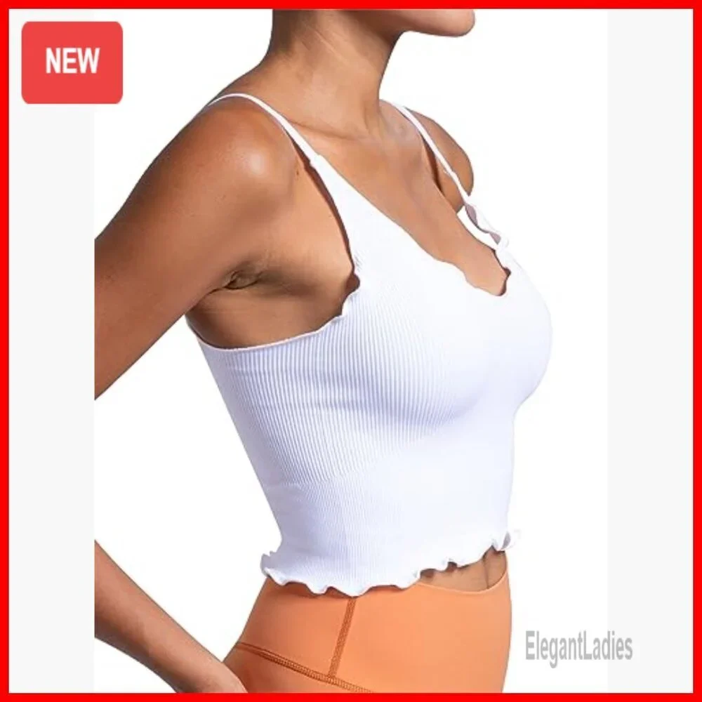 Seamless Ribbed Crop Camisole V Neck Ruffles Tank Top Women